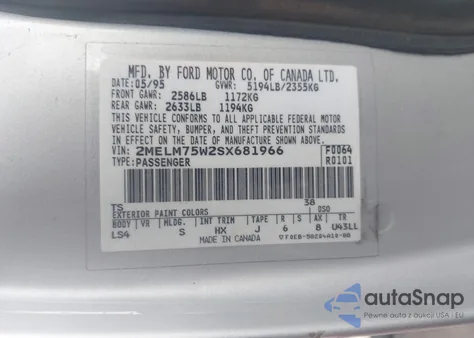 1995 Mercury Grand Marquis Ls из США, поврежденный, VIN 2MELM75W2SX681966